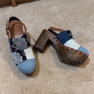 Jessica Simpson Patchwork Embroidered Denim & Tan Clog Heels